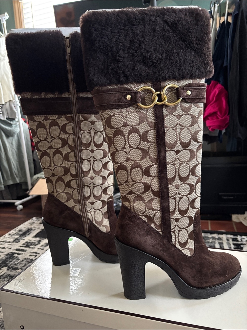 Coach Brown Logo Pattern Suede Fur-Trim Heeled Boots
